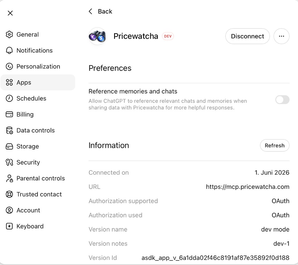 ChatGPT: Verbundene Pricewatcha-App mit DEV-Kennzeichen und OAuth-Informationen