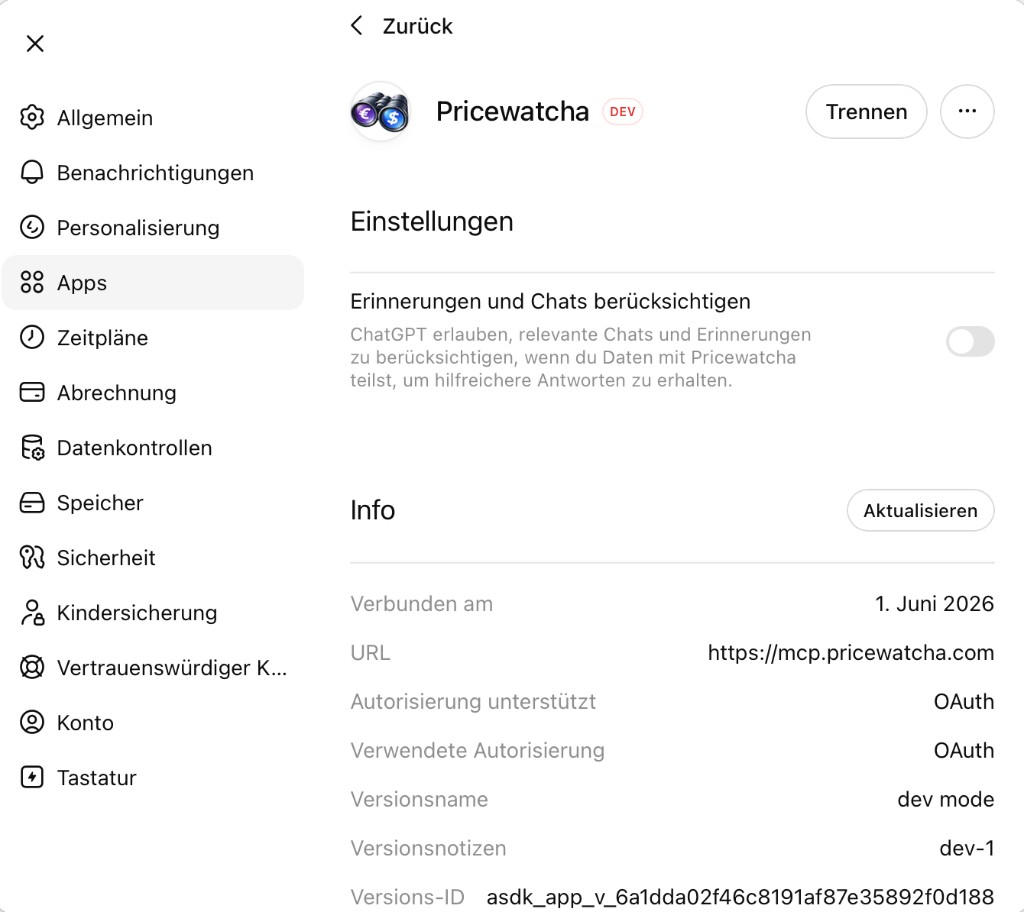 ChatGPT: Connected Pricewatcha app with DEV badge and OAuth details