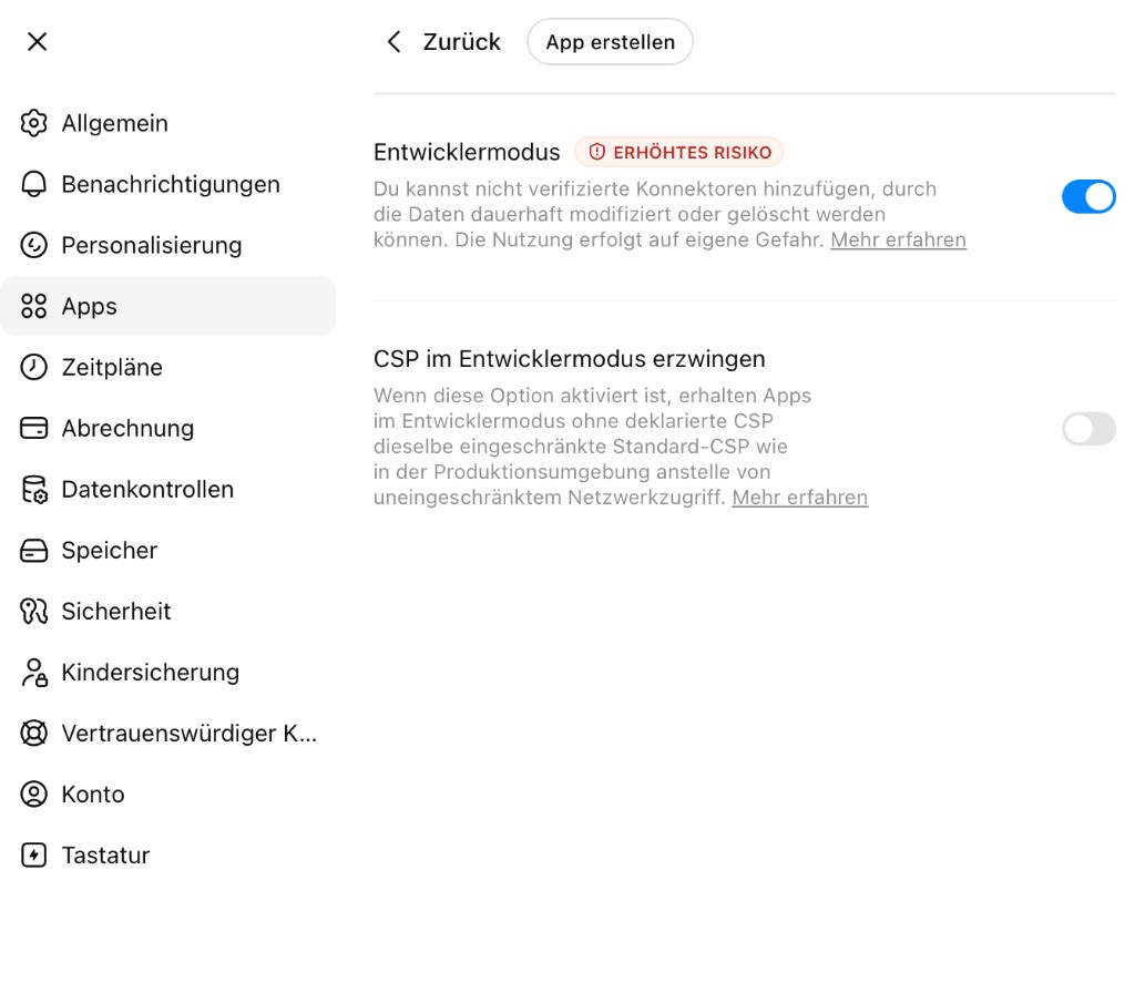 ChatGPT: Entwicklermodus unter Einstellungen → Apps aktivieren