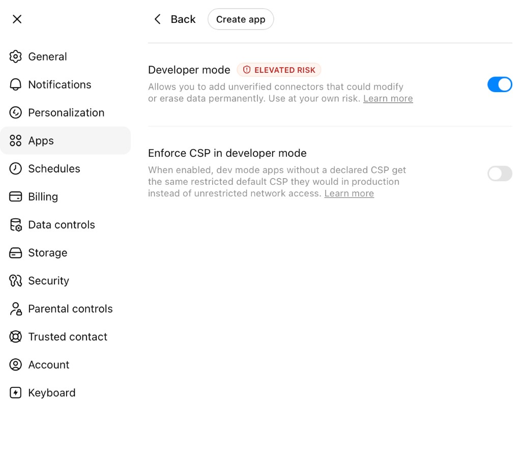ChatGPT: Enable Developer mode under Settings → Apps
