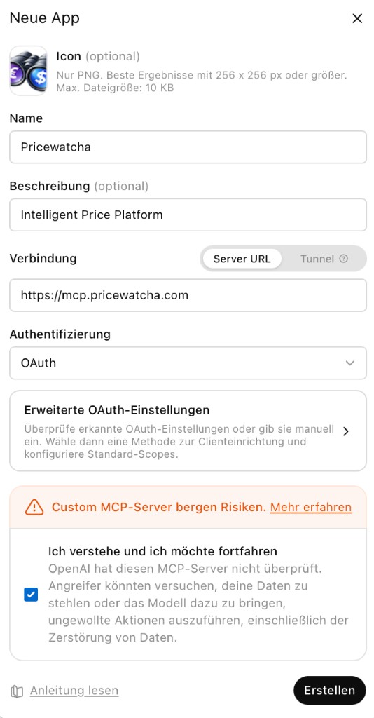 ChatGPT: Formular „Neue App“ mit Name, MCP-URL, OAuth und Risikohinweis