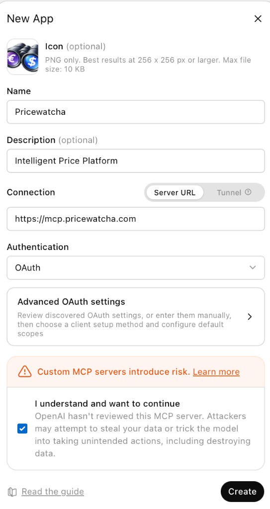 ChatGPT: New App form with name, MCP URL, OAuth and risk acknowledgement