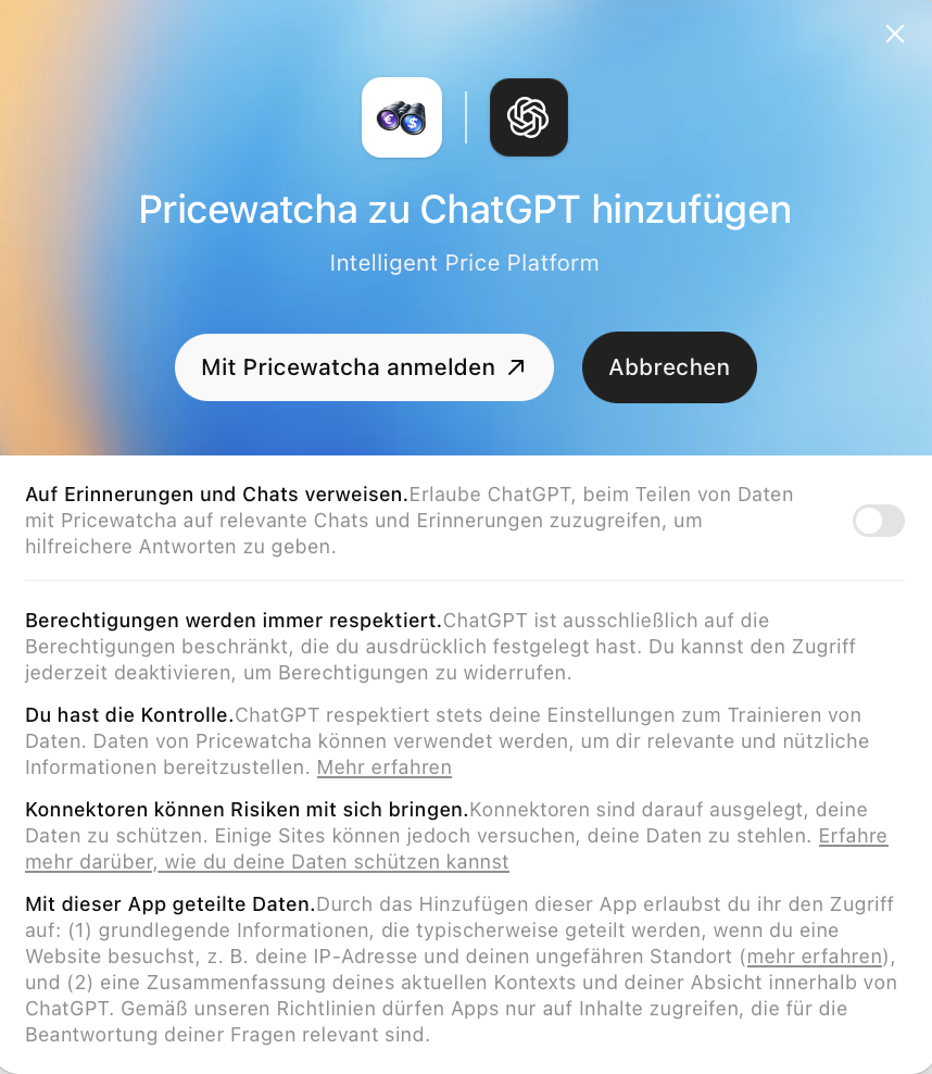 ChatGPT: OAuth-Anmeldung „Pricewatcha zu ChatGPT hinzufügen“