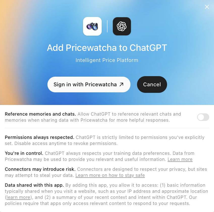 ChatGPT: OAuth screen Add Pricewatcha to ChatGPT