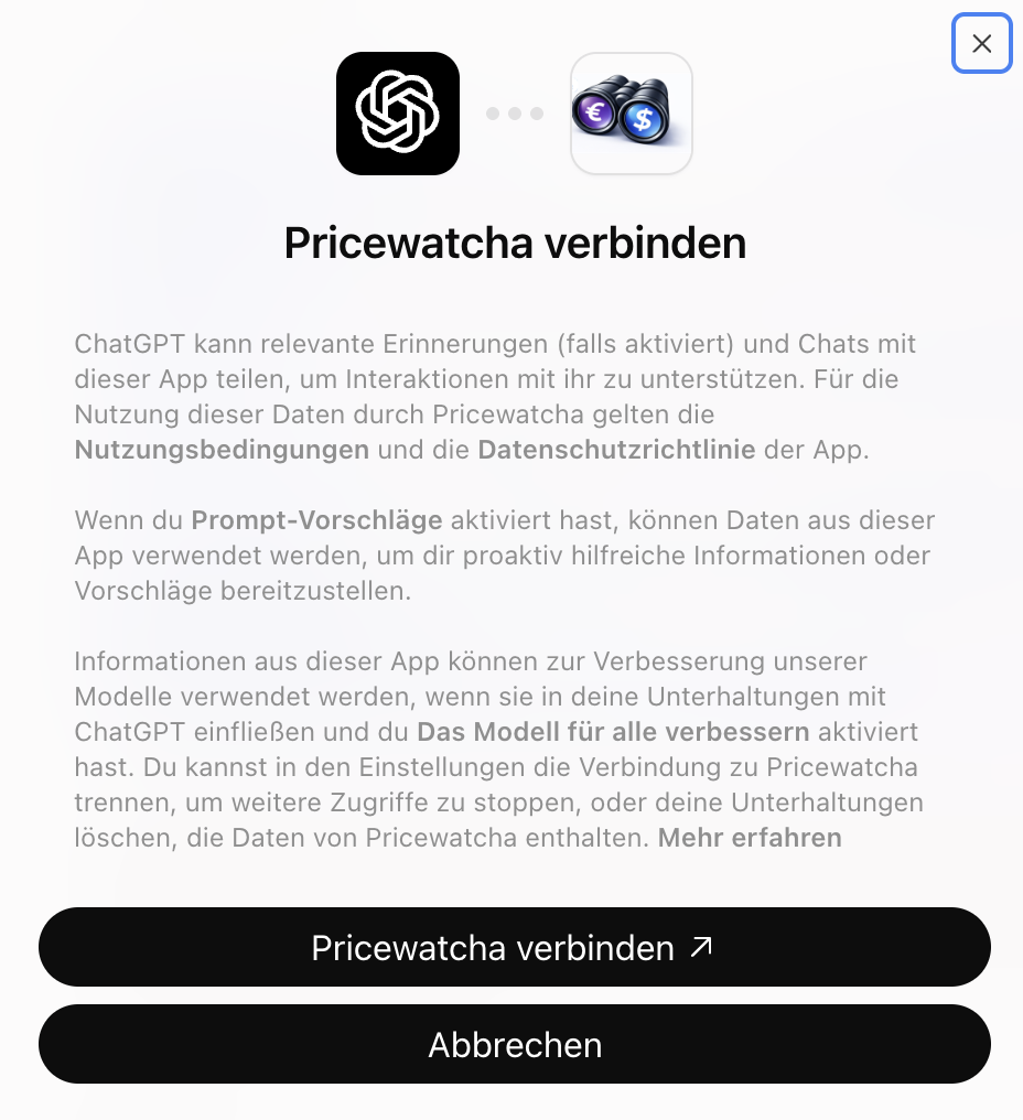 ChatGPT: Dialog Pricewatcha verbinden