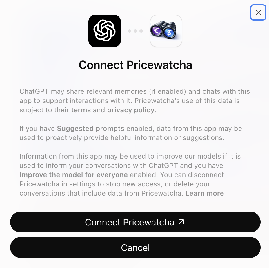 ChatGPT: Connect Pricewatcha authorization dialog