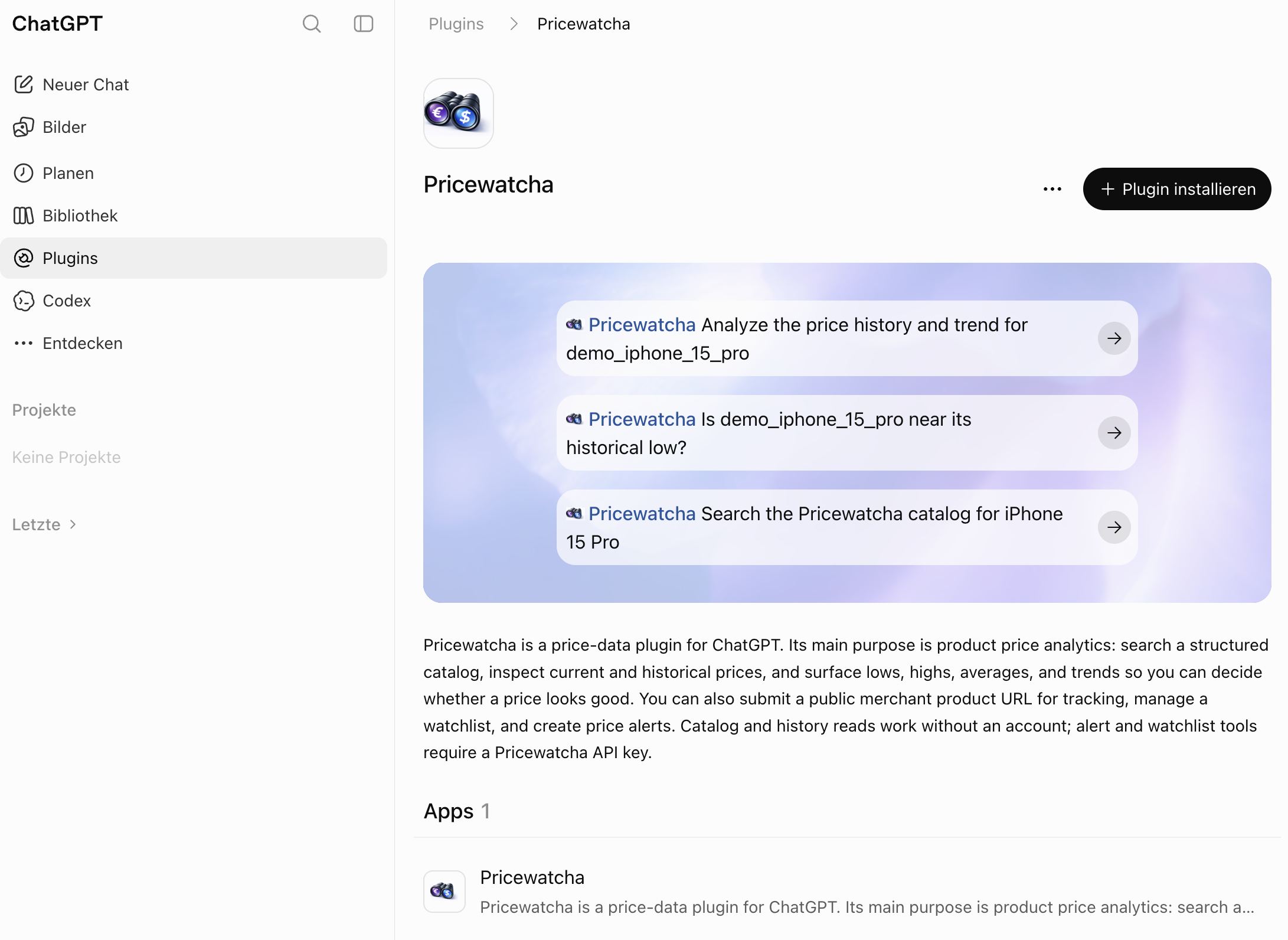 ChatGPT: Pricewatcha-Plugin-Detailseite mit Button Plugin installieren