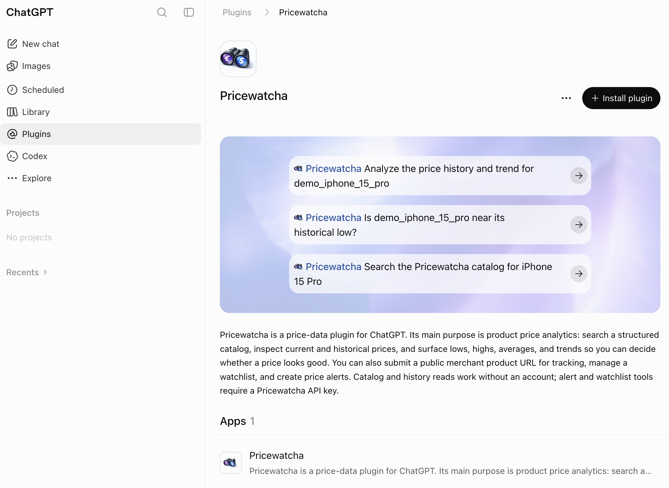 ChatGPT: Pricewatcha plugin detail page with Install plugin button
