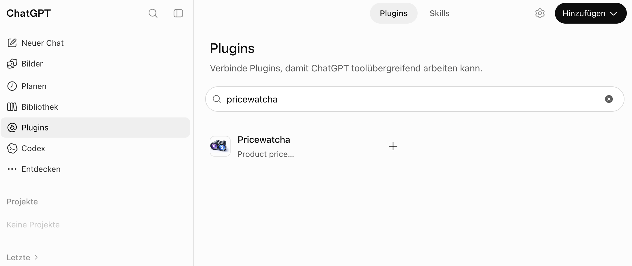 ChatGPT: Plugins-Suche mit Treffer für Pricewatcha