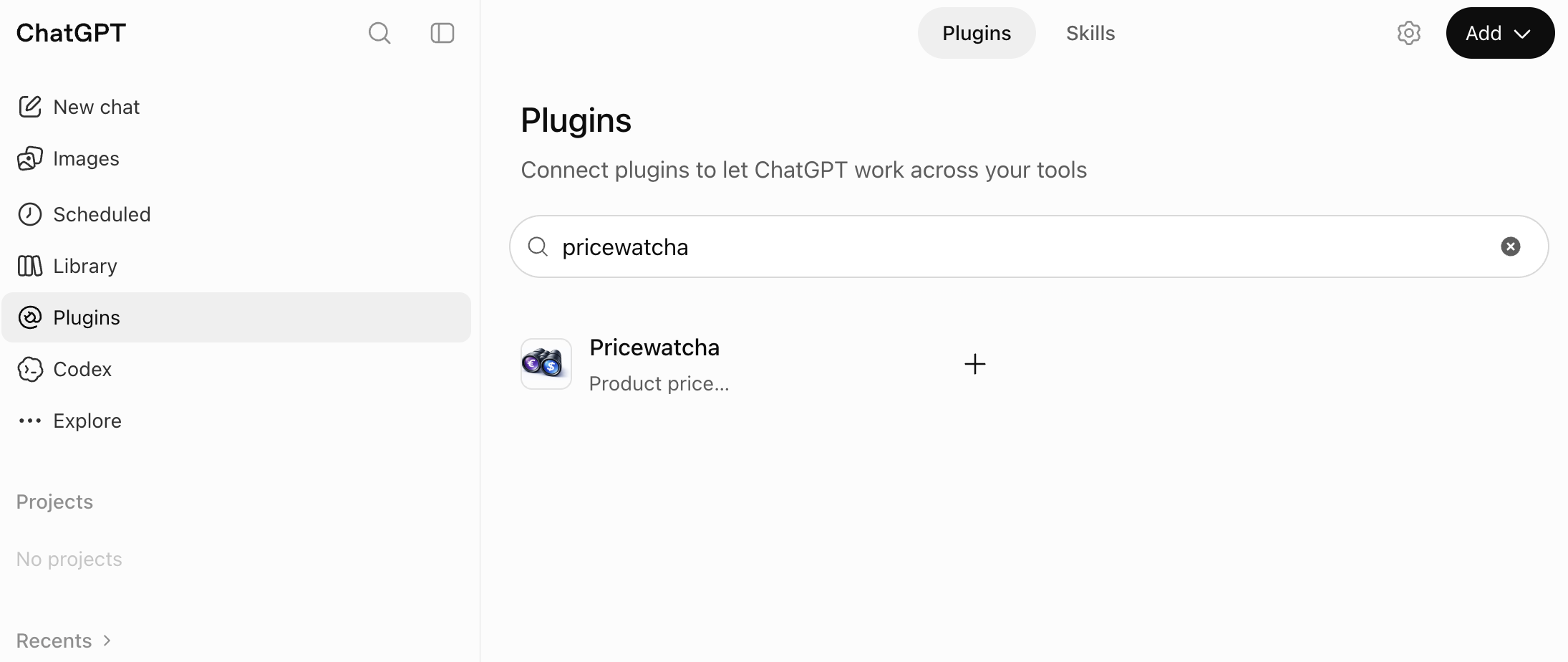 ChatGPT: Plugins search result for Pricewatcha