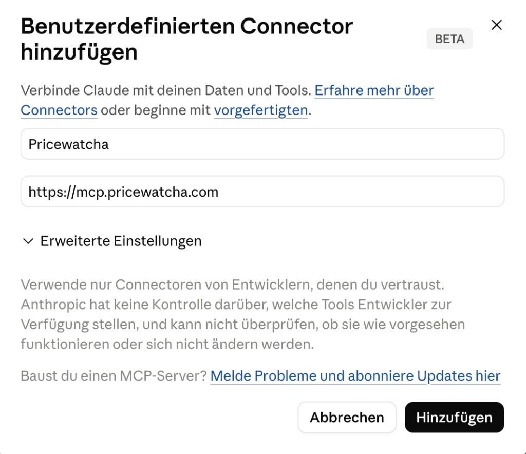 Claude: Dialog zum Hinzufügen eines benutzerdefinierten Connectors mit Name Pricewatcha und MCP-URL