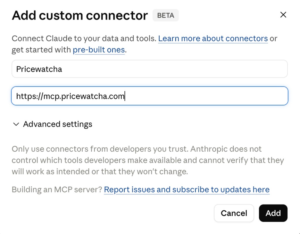 Claude: Add custom connector dialog with name Pricewatcha and MCP URL
