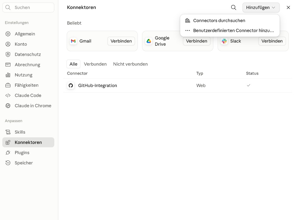 Claude: Konnektoren-Einstellungen mit Hinzufügen-Menü und Connectors durchsuchen