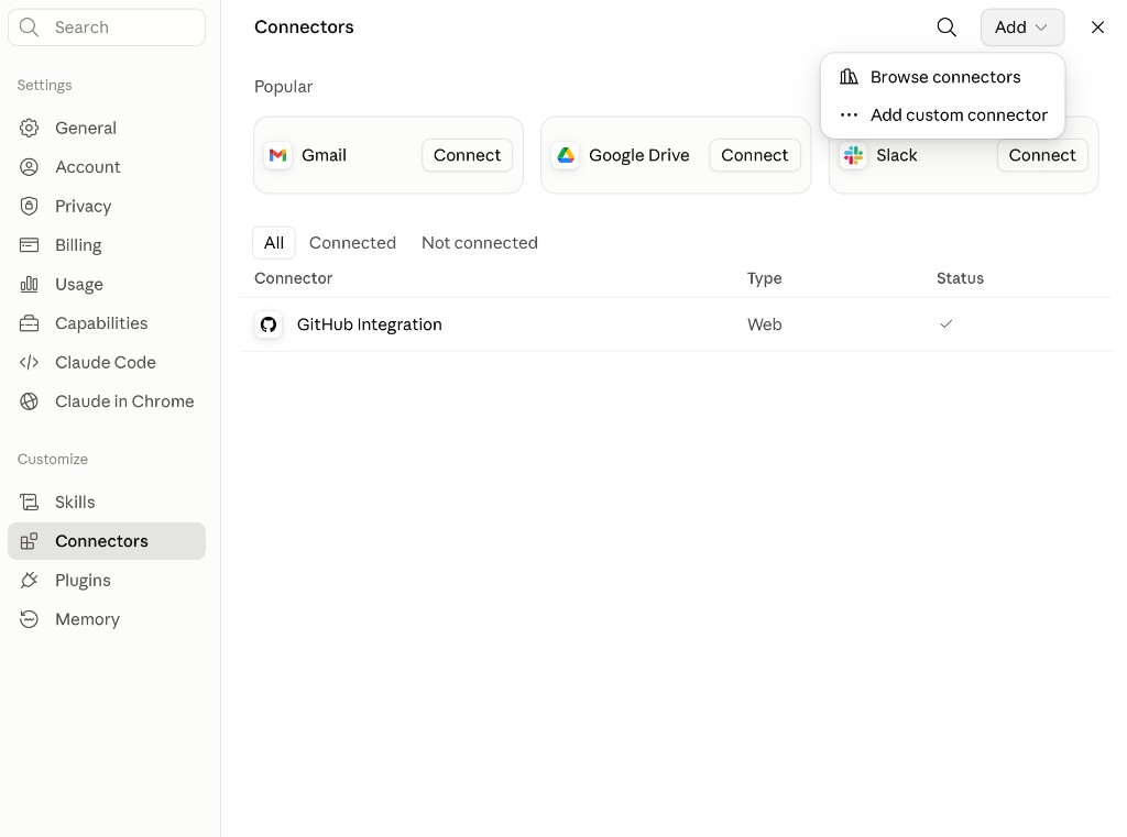 Claude: Connectors settings with Add menu showing Browse connectors