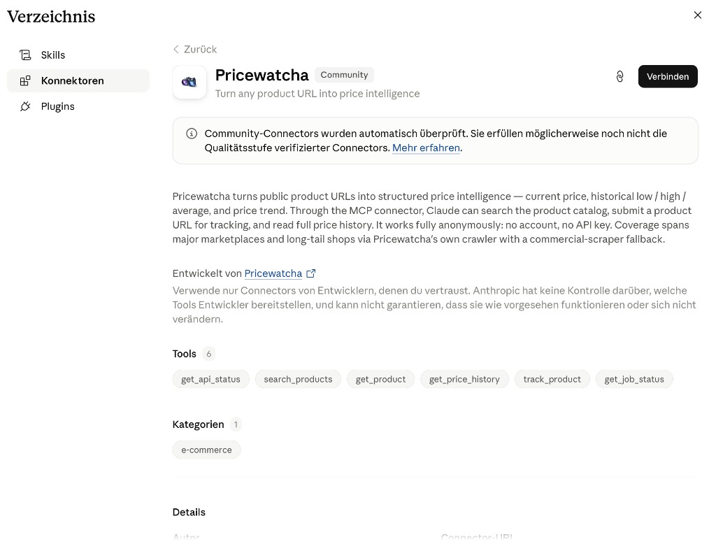 Claude Connector-Verzeichnis: Pricewatcha-Detailseite mit Verbinden-Button