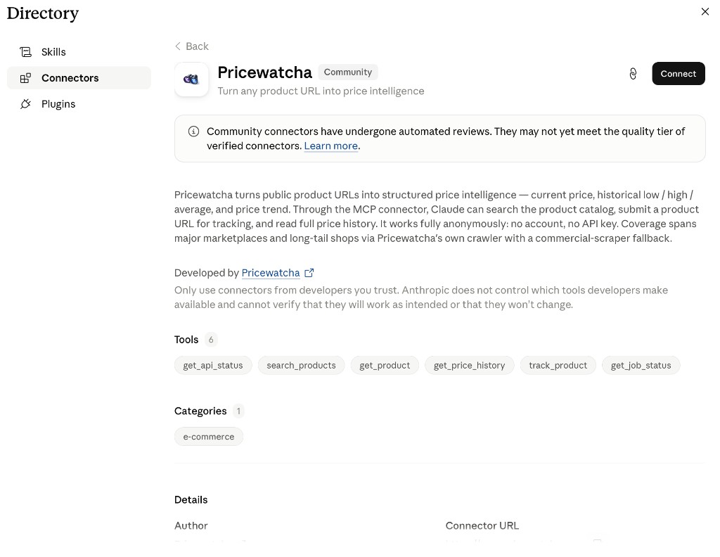 Claude Connector Directory: Pricewatcha detail page with Connect button
