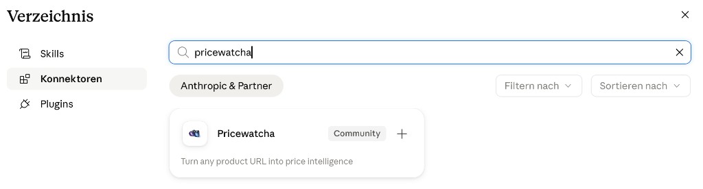 Claude Connector-Verzeichnis: Suchergebnis für Pricewatcha
