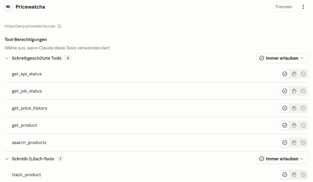 Claude: Tool-Berechtigungen für den Pricewatcha-Connector