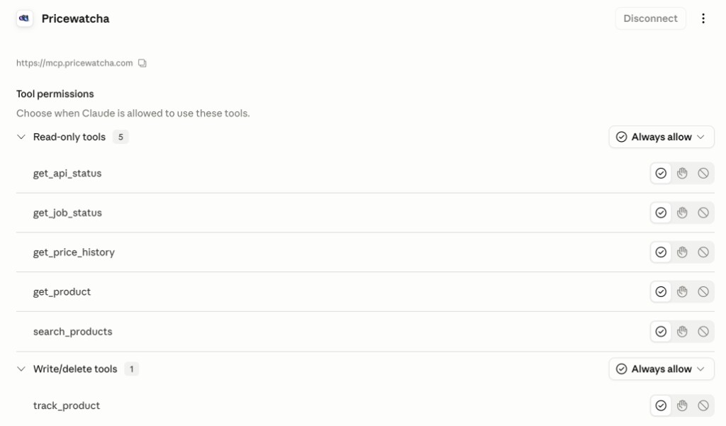Claude: Tool permissions for the Pricewatcha connector