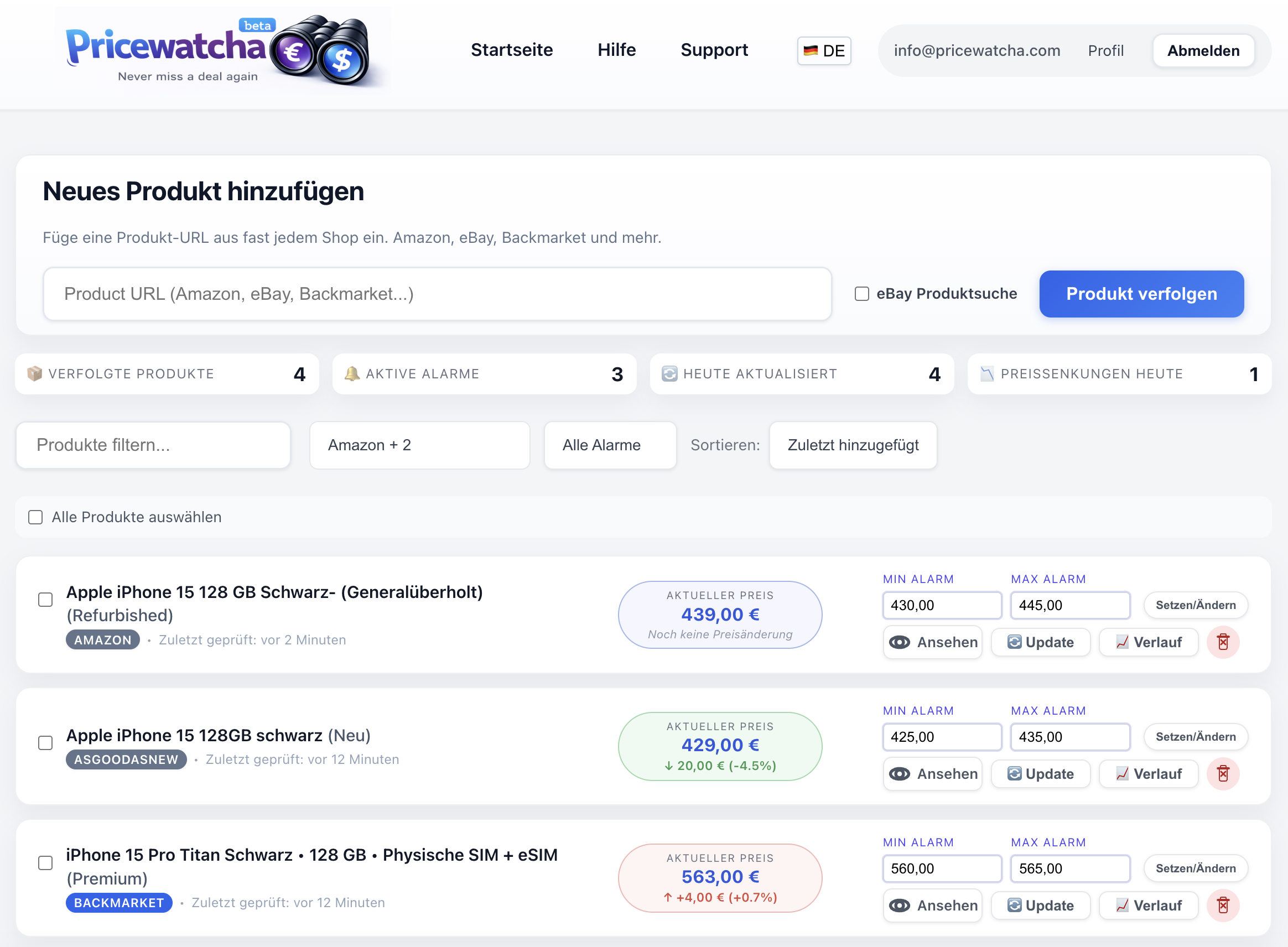 Pricewatcha-Dashboard mit KPIs, Produktliste und Plattform-Badges