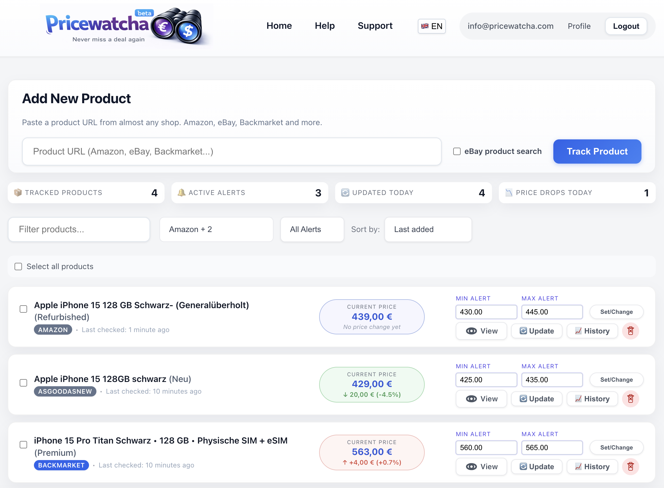 Pricewatcha dashboard with KPIs, product list and platform badges